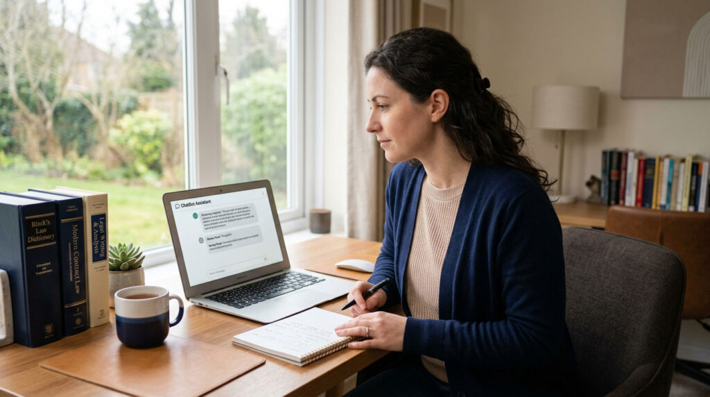 Person researching AI legal advice on a laptop beside a notebook and legal reference books.