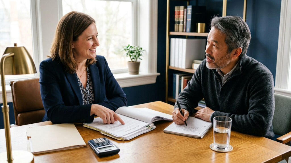 Attorney and prospective client reviewing a fee agreement during a consultation.