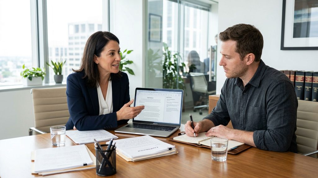 Attorney and client reviewing online legal research and documents during a consultation.