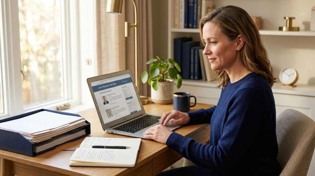 Adult researching lawyers on a laptop with documents and a notebook on a desk.