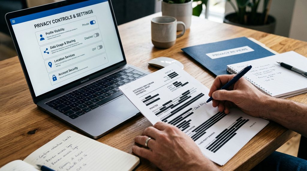Redacted documents beside a laptop during a review of sensitive legal information.
