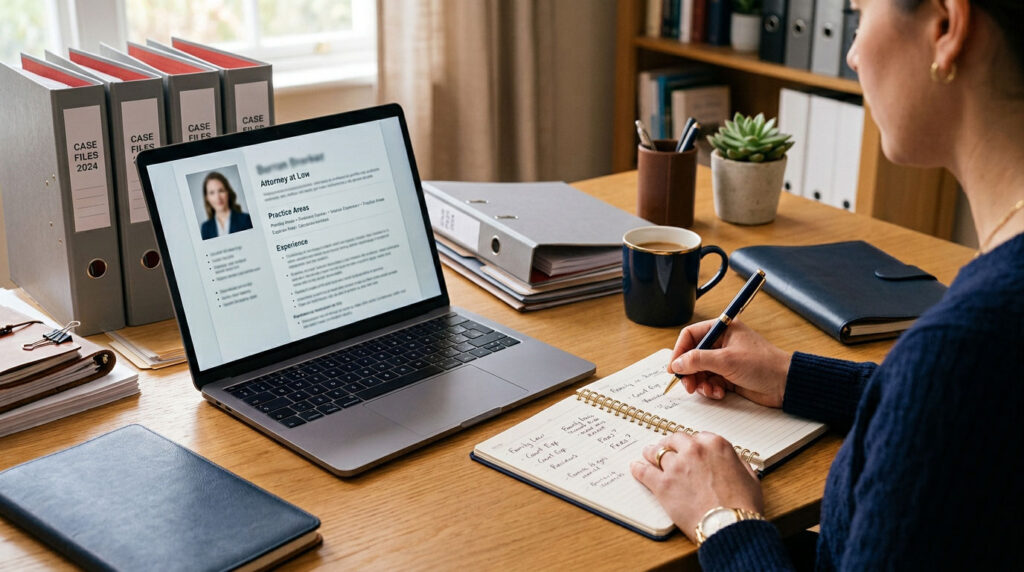 Person comparing a lawyer’s professional profile with notes at a laptop.